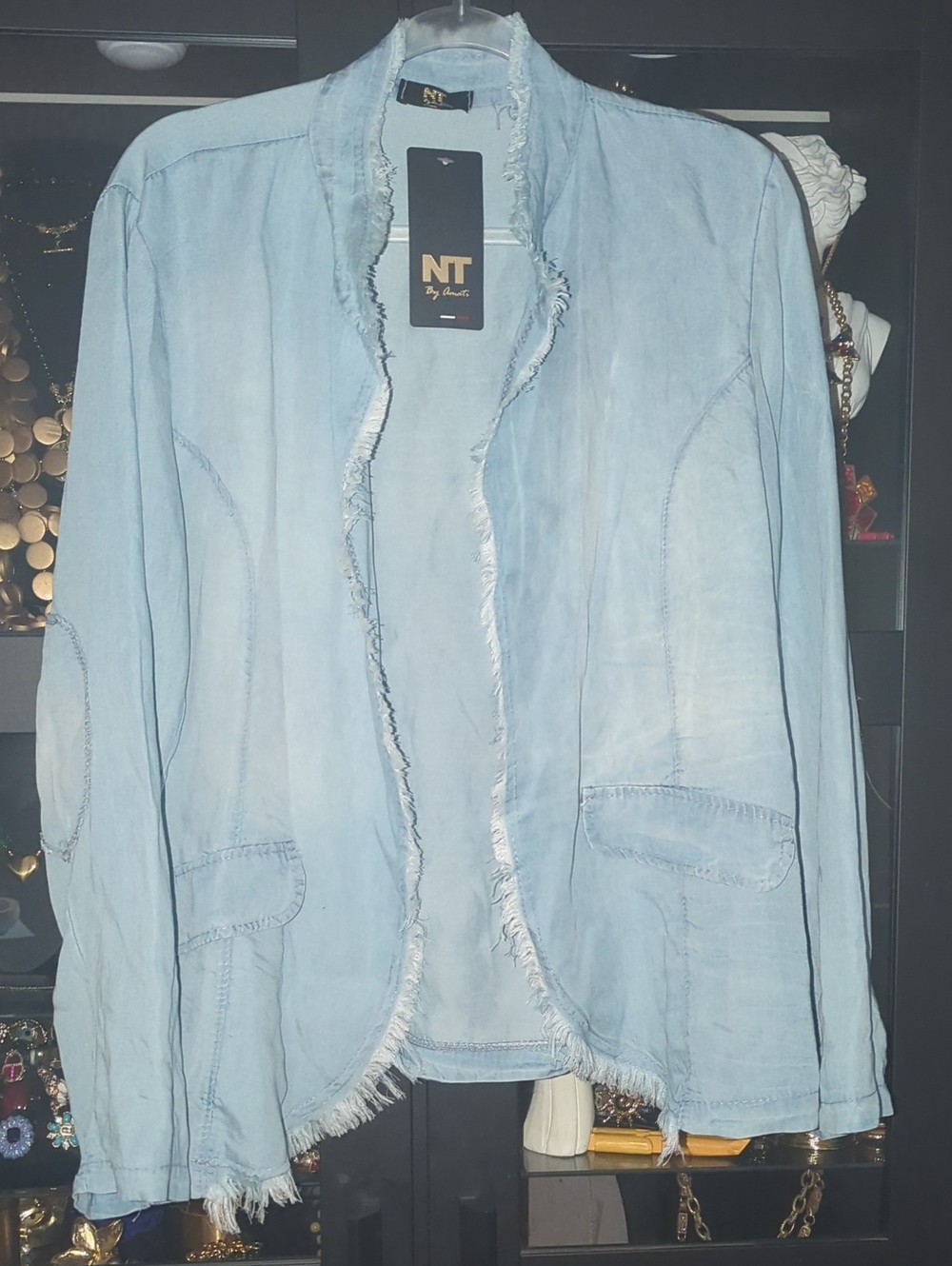 Light Blue Denim Jacket with Frayed Trim